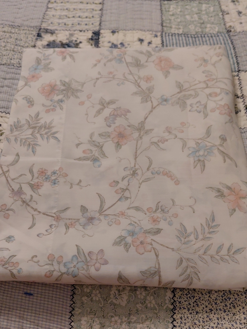 Pastel Floral Vine Cotton Sheet - White with Pink & Blue Accents